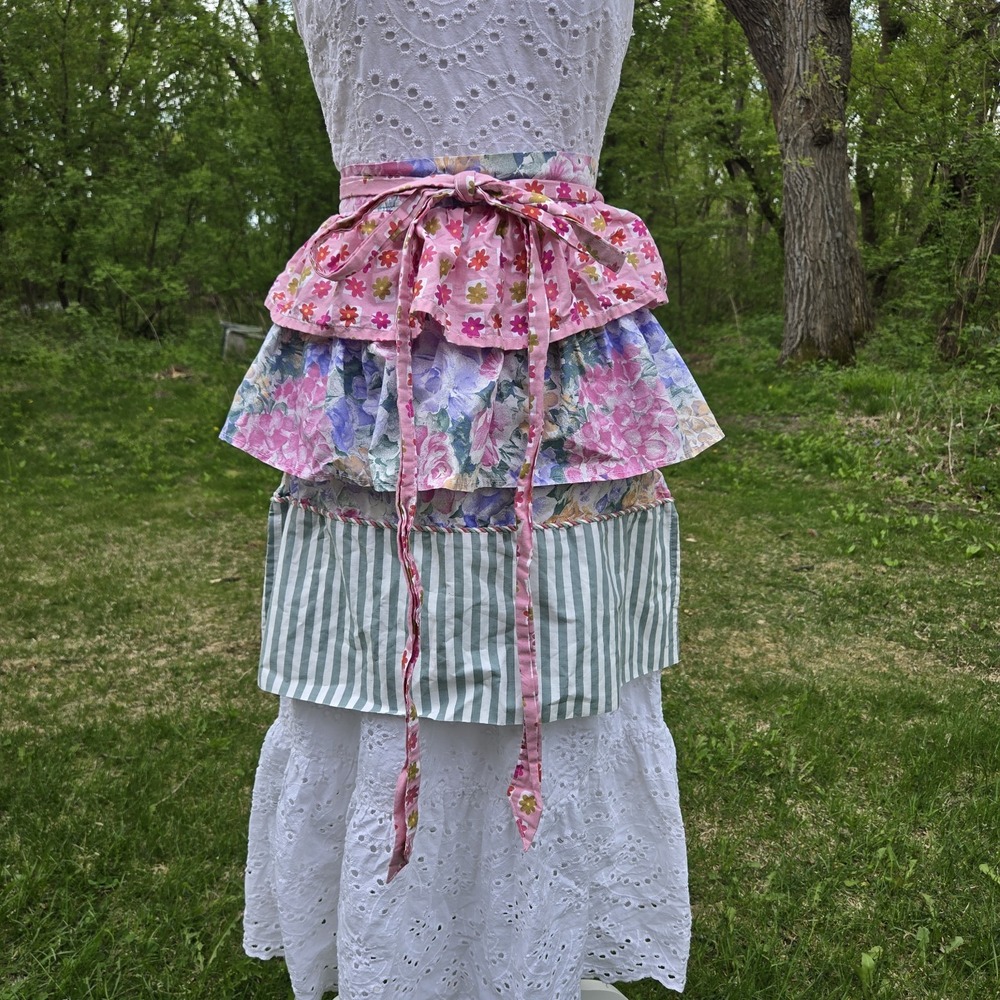 Handmade Multi‎ Layered Waist Apron Floral Stripes Knee Length Prairie Homestead